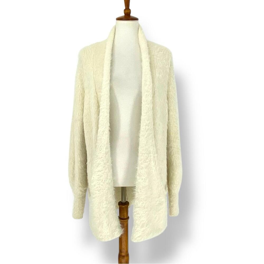 Anthropologie Knitted & Knotted Cream Women's Open Front Fuzzy Cardigan Sweater
